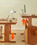 Fully Adjustable Standing Desk With Two Spacious Drawers And Ergonomic Sit Stand Design Smooth Glide Solid Wood Surface, showcasing height adjustment feature.