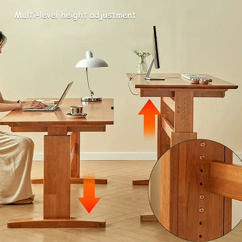 Fully Adjustable Standing Desk With Two Spacious Drawers And Ergonomic Sit Stand Design Smooth Glide Solid Wood Surface, showcasing height adjustment feature.