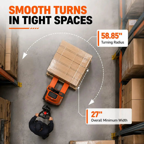 Hella Heavy Duty Electric Pallet Jack Bringing Badass Performance To Daily Warehouse Shifts With Rock Solid 4400 LB Load Capacity Featuring Rugged Steel Forks And Quick Charge Lithium Battery turning smoothly in tight spaces with 58.85" radius.