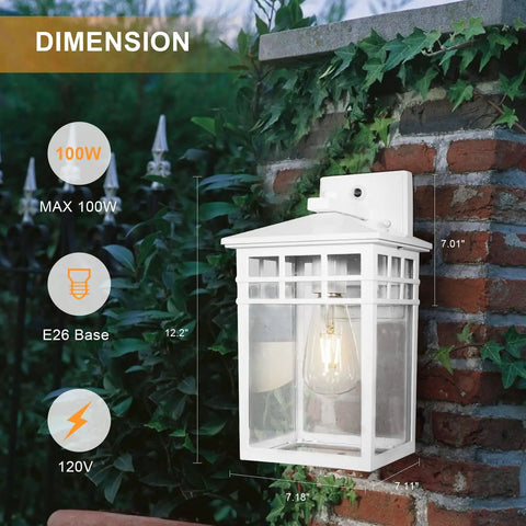 Auto On Outdoor Wall Lantern With Dusk To Dawn Sensor Seeded Glass Sconce For Front Porch Weatherproof IP44 Exterior Light White Finish Durable Aluminum And Iron Construction mounted on brick wall