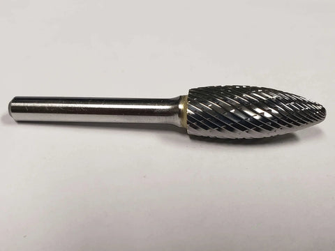 1/2 Inch SH-5 Burr Flame Style Double Cut Solid Carbide for precision deburring, rounding, and shaping of metal workpieces on rotary tools