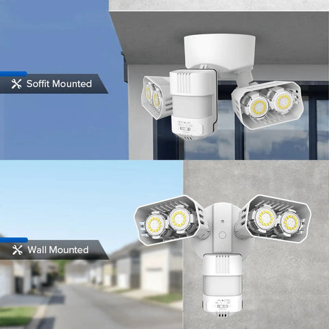 Motion Sensor Outdoor Flood Lights 28W 3500 Lumens Hardwired Security Light With Four Modes IP65 Waterproof mounted on soffit and wall