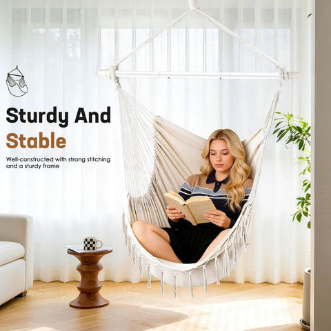 Heavy Duty Hammock Chair With Steel Spreader Bar And Adjustable Straps For Indoor Outdoor Use Up To 500 Lbs shown indoors