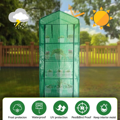 4 Tier Portable Greenhouse Kit With Casters And Roll Up Zipper PE Cover For Indoor Outdoor Seedlings And Plants in garden.