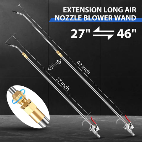 Slick Retractable Air Blow Gun With Telescoping Extension Wand And Adjustable Trigger Valve illustration showing 27 to 46 inch extension wand.
