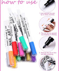 12 Color 3D Nail Art Pen Set For DIY Mani, Vibrant Ink Pens instructions for use with shake, press, and draw steps shown