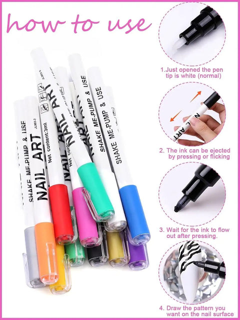 12 Color 3D Nail Art Pen Set For DIY Mani, Vibrant Ink Pens instructions for use with shake, press, and draw steps shown