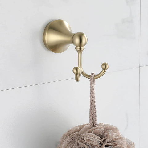 Brushed Gold 4 Piece Bathroom Hardware Set towel hook in use, stainless steel anti rust and corrosion resistant for bath upgrade.