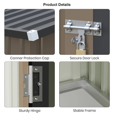 Product details of spacious 5x3 ft outdoor storage shed with lockable door and sloping roof in brown, showing lock, hinge, cap, frame