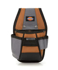Four Pocket Rigid Tool Pouch with Tape Clip and Universal Fit Steel Clip for Tool Belts, front view, brown and grey
