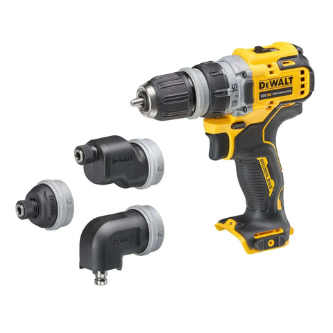 Compact 12V Cordless Drill Driver Workhorse With Offset And Right Angle Adapter Heads For Tight Squeezes No Frills Bare Unit on a white background