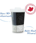 Replacement Alkaline Water Filter For At Home Pitcher With Mineral Boost showing filtration layers, made in Canada