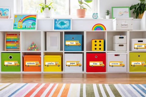 Colorful classroom storage cubbies with labeled boxes using School Bus Themed Desk Name Tags Set With 36 Self Adhesive Name Plates For Classrooms, Kid Friendly Student Name Stickers For Desks, Classroom Decor, Kindergarten To Elementary Teacher Must Haves.