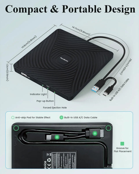 Ultra Slim External CD DVD Drive Type C 3.0, Plug And Play Portable Optical Drive, 13mm Thick, Travel Friendly For Laptops And Desktops, No Power Adapter Needed, Perfect For The On The Go Data And Media, compact black drive