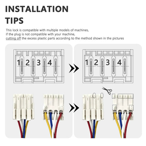Installation tips for Heavy Duty Washing Machine Lid Lock Switch And Wiring Harness Kit with wiring connections and modification guidance.