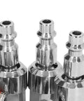 Badass 6 Pack Stainless Steel Air Hose Fittings Featuring Slick 360 Degree Rotating Coupler And Quick Connect Male Plug With Quarter Inch Npt Threads, close up of three connectors.