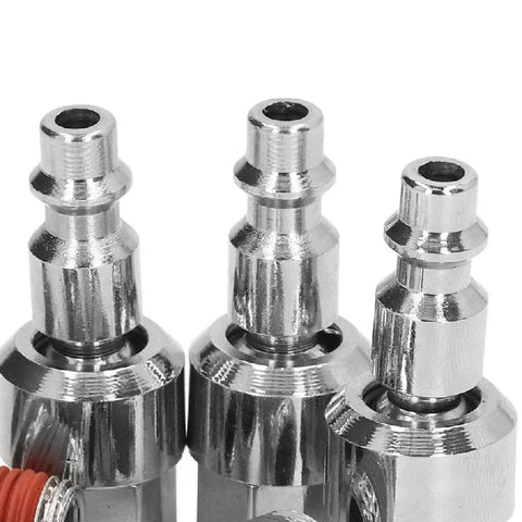 Badass 6 Pack Stainless Steel Air Hose Fittings Featuring Slick 360 Degree Rotating Coupler And Quick Connect Male Plug With Quarter Inch Npt Threads, close up of three connectors.