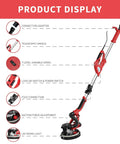 Diagram of Powerful 750W Drywall Sander With 12 Discs, Variable Speed 800-1750 RPM, LED Light, Long Hose, Dust Bag, Easy Grip Handle.