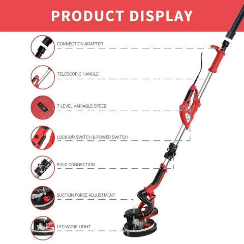 Diagram of Powerful 750W Drywall Sander With 12 Discs, Variable Speed 800-1750 RPM, LED Light, Long Hose, Dust Bag, Easy Grip Handle.