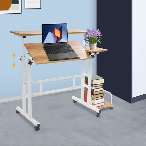 Effortless Folding Standing Desk With Smooth Rolling Casters And Tilted Writing Panels For Total Flex Work From Home Setup Featuring Quick Height Adjustments In Modern Light Walnut And White with laptop and books.