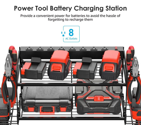 Kick Up Your Garage Game With This Rock Solid Heavy Duty Wall Mount Rack For Power Tool Battery Organizer Featuring An Embedded Eight Outlet Power Strip Black