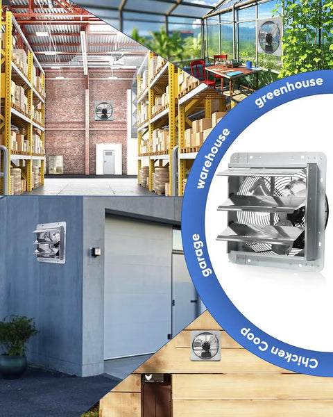 10 Inch Wall Mounted Exhaust Fan With Automatic Aluminum Shutter High Speed 1000 CFM Vent Fan in various settings