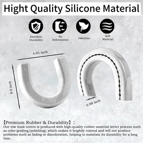 Dimensions of white tow hook cover for Chevy Silverado 1500 And GMC Sierra 1500 made from high-quality rubber material.