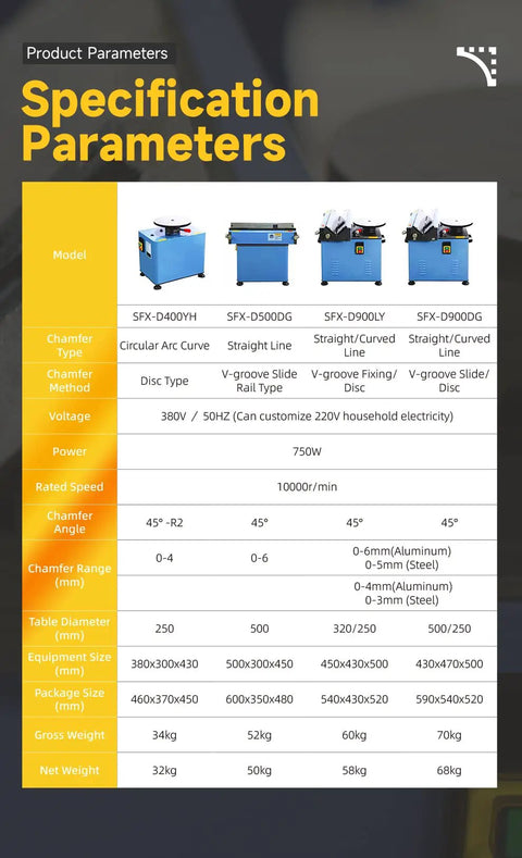 Workhorse High Speed Electric Arc Chamfering Machine technical specifications chart with power, size, and speed details.