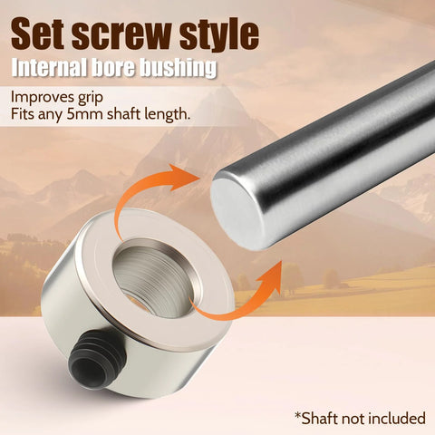 Steel shaft collar with set-screw; bore 5.05mm, OD 10mm, width 5mm; includes wrench and screws