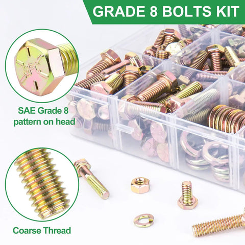 608-Piece Heavy Duty Grade 8.8 Alloy Steel Bolts And Nuts Assortment Kit With SAE And Metric Sizes For DIY Projects shown in box
