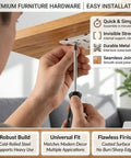 Person assembling furniture with Heavy Duty Stainless Steel L Shape Furniture Brackets With 2 In 1 Locking Inserts for cabinets.