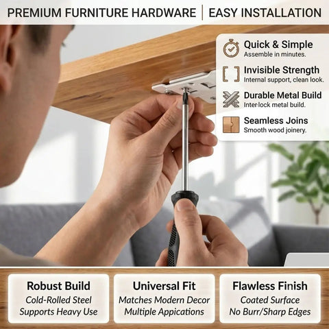 Person assembling furniture with Heavy Duty Stainless Steel L Shape Furniture Brackets With 2 In 1 Locking Inserts for cabinets.