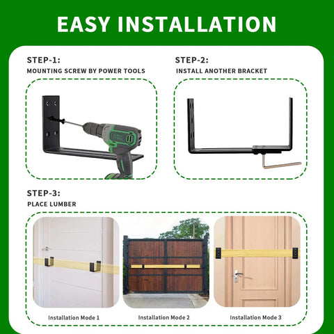 Heavy Duty Door Barricade Brackets Adjustable Security Bar Holder For 2x4 And 4x4 Lumber Carbon Steel Drop Open Bar Bracket To Deter Break Ins Easy Install For Home Security Set Of 2 installation steps