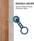 Juinrinet Drywall Metal Detecting Detector 6.6x2cm detecting a screw in wood framing with measurement details.