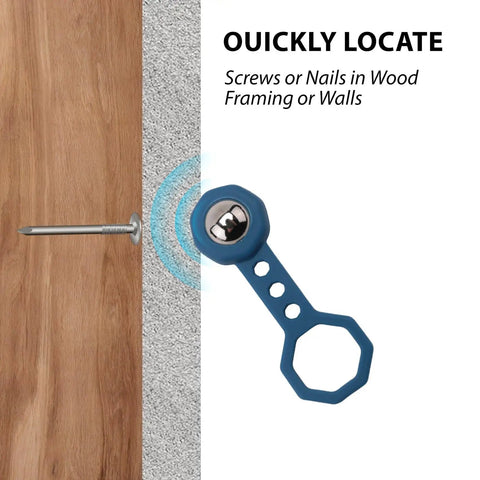 Juinrinet Drywall Metal Detecting Detector 6.6x2cm detecting a screw in wood framing with measurement details.