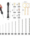 Hella Durable Zinc Alloy Hand Drill Set With Six Hundred Eye Screws Ten Precision Bits And Fifteen Keychain Rings Sweet For Resin Crafting Diy Epoxy Molds And Creative Hobby Vibe Projects, display of drill and bits sizes.