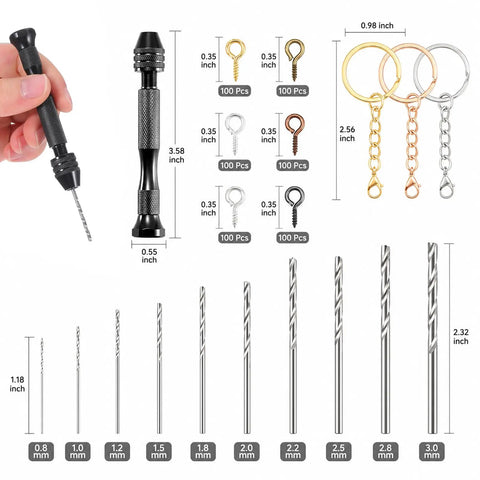 Hella Durable Zinc Alloy Hand Drill Set With Six Hundred Eye Screws Ten Precision Bits And Fifteen Keychain Rings Sweet For Resin Crafting Diy Epoxy Molds And Creative Hobby Vibe Projects, display of drill and bits sizes.