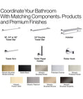 Component Double Towel Arm With Premium Metal Construction Open Ended and other matching bathroom accessories in various finishes.