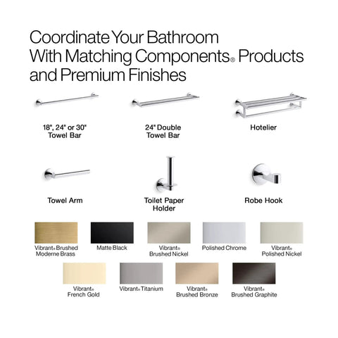 Components Pivoting Toilet Paper Holder With No Fuss Quick Change Design shown with matching bathroom accessories and finishes