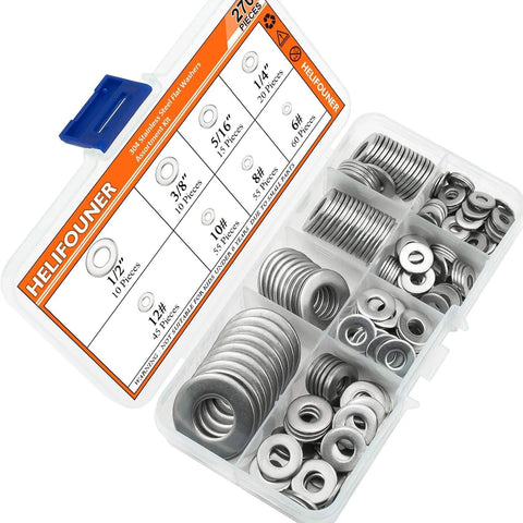 Flat washer set, stainless steel, 270 pcs, 8 sizes (1/2 in, 3/8 in, 5/16 in, 1/4 in, #12, #10, #8, #6) in plastic case