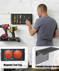 Foldable Wall Mount Workbench With Magnetic Tool Tray Heavy Duty Metal Work Table for garage and workshop use, shown with tools.