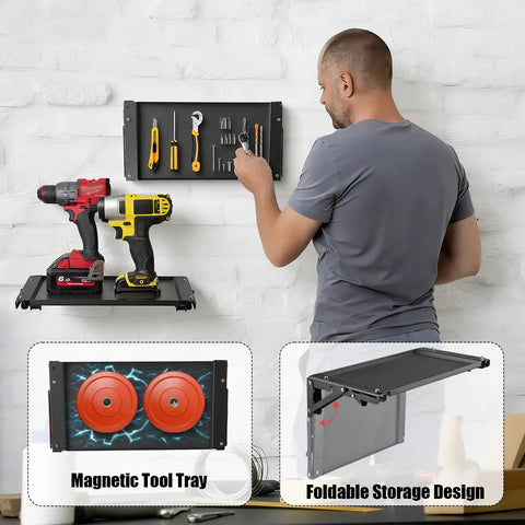 Foldable Wall Mount Workbench With Magnetic Tool Tray Heavy Duty Metal Work Table for garage and workshop use, shown with tools.