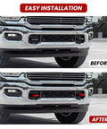 Before and after comparison of a RAM 2500 3500 with RAM 2500 3500 Front Tow Hook Covers Hitch Cover Custom Fit 2019 2026 Red Truck.