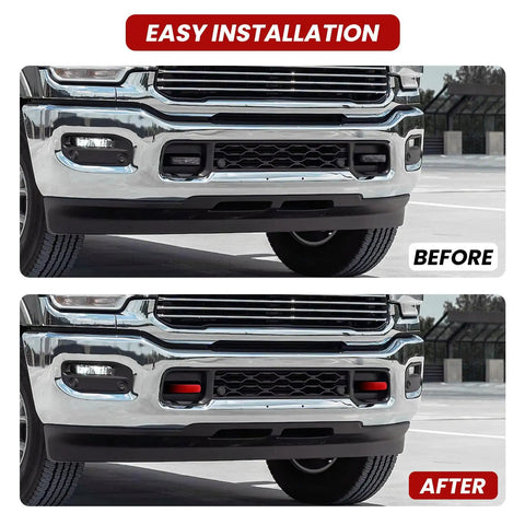 Before and after comparison of a RAM 2500 3500 with RAM 2500 3500 Front Tow Hook Covers Hitch Cover Custom Fit 2019 2026 Red Truck.