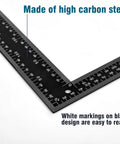 Badass 8X12 Inch Carpenter Square Pro Builder Heavy Duty Carbon Steel Framing Tool With Dual Imperial And Metric Scale Rust Resistant Right Angle Layout Ruler For Woodworking Projects with clear white markings on a black design.