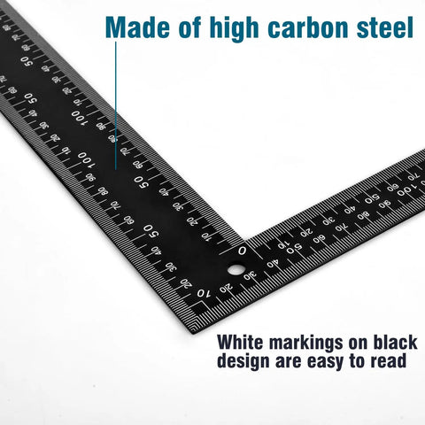 Badass 8X12 Inch Carpenter Square Pro Builder Heavy Duty Carbon Steel Framing Tool With Dual Imperial And Metric Scale Rust Resistant Right Angle Layout Ruler For Woodworking Projects with clear white markings on a black design.