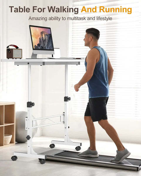 Mobile Standing Desk On Wheels With Height Adjustable Range 31 To 43 Inches in use with a treadmill, room setup view