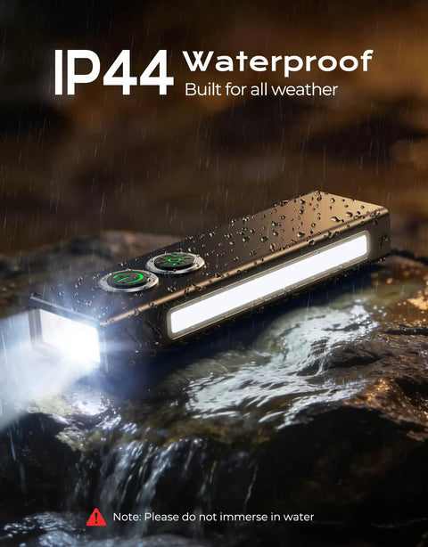 1300LM EDC Pocket Flashlight With 5 In 1 Spotlight UV Green Beam Floodlight And Red LED on wet surface, IP44 waterproof.