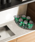 4 Pack Lazy Susan Baskets For Corner Cabinets 18 To 20 Inch Turntable Bins 9 Inches By 6.2 Inches By 4 Inches Quarter Wedge Design Metal Organizer With Handle For Cabinet Kitchen Pantry Storage Easy Reach filled with cans on countertop