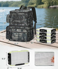 Fishing Backpack With 4 Tackle Boxes, Rod Holder, Insulated Cooler Compartment, displayed with measurement details by the lake.